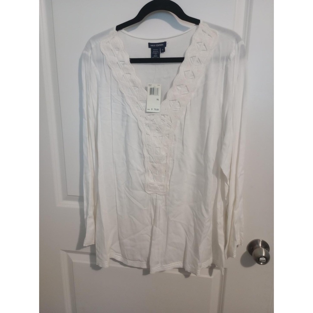 Max Edition Women’s XL Ivory White Tunic Blouse Embroidered V Neck NWT Rayon